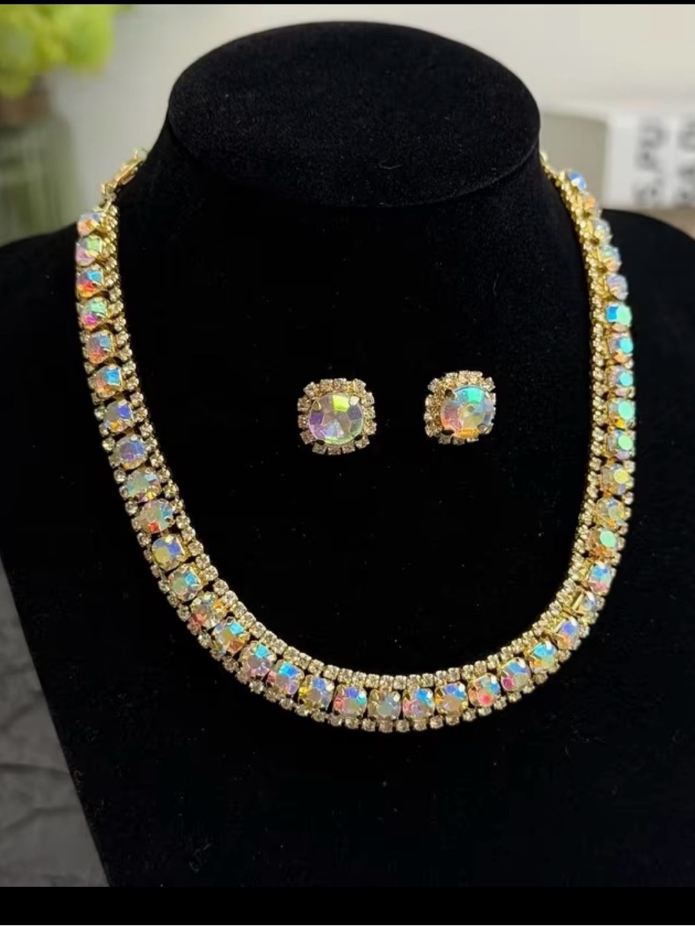 Gold Aurora Borealis Crystal Necklace and Stud Earring Set